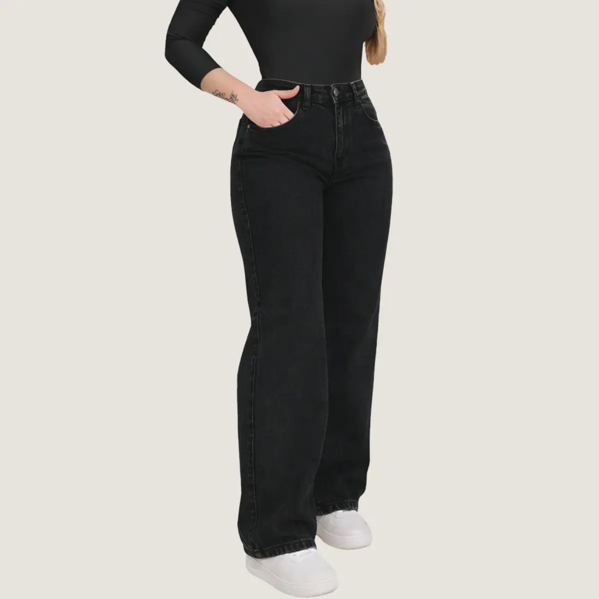 Calça Jeans Feminina Wide Leg Pantalona Cinza Grafite