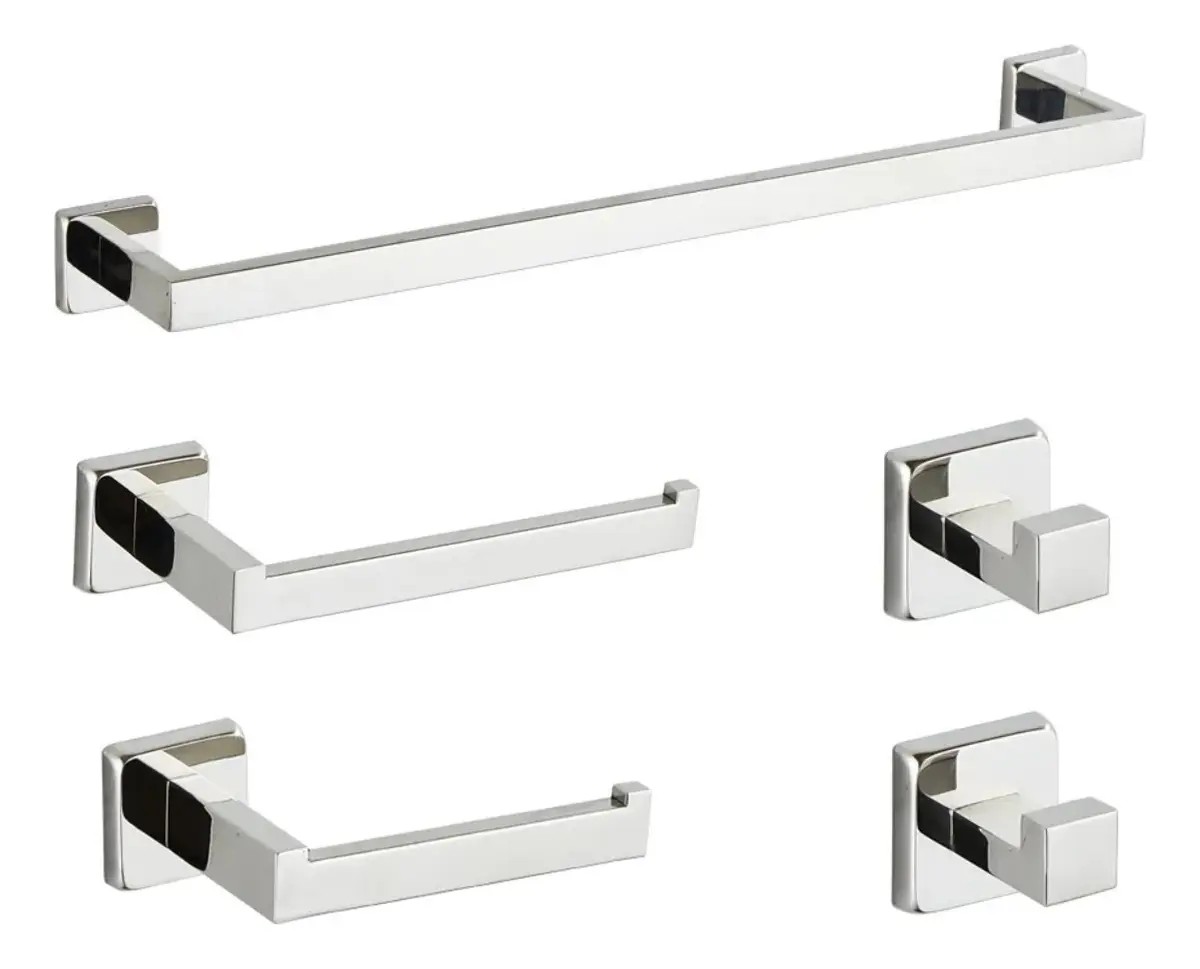 Kit 5 Conjunto Acessorios Suporte Banheiro Lavabo Inox 304 Prateado Brilhante