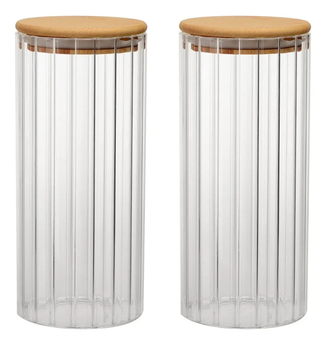 Jogo 2 Potes Mantimento Canelado Vidro Tampa Bambu 1,5l Transparente