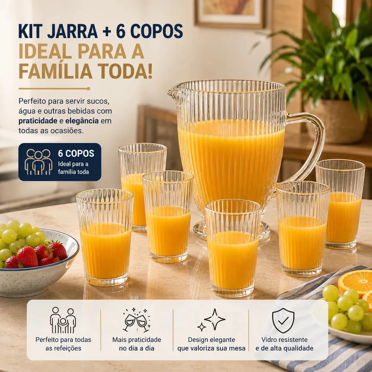 Jogo De Jarra 1 Litro Com 6 Copos 475ml Em Vidro UD Canelado Agave