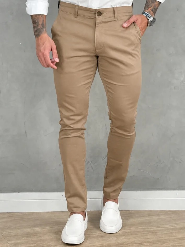 Calça Masculina Sarja Premium Social Esport Fino Bolso Lycra Bege Liso 42