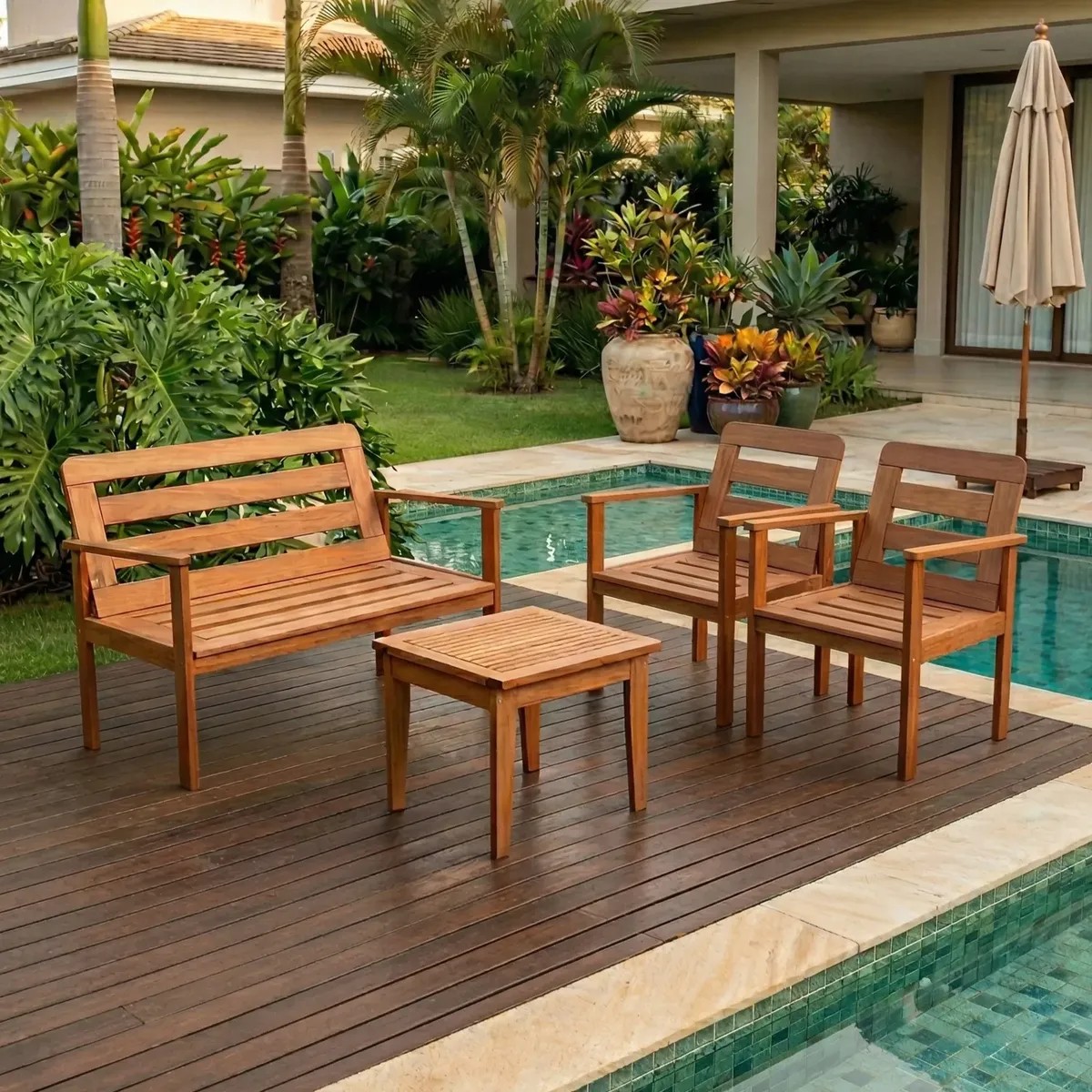 Conjunto Yescasa Jardim 1 Sofá 2 Poltronas Mesa Compacta Madeira