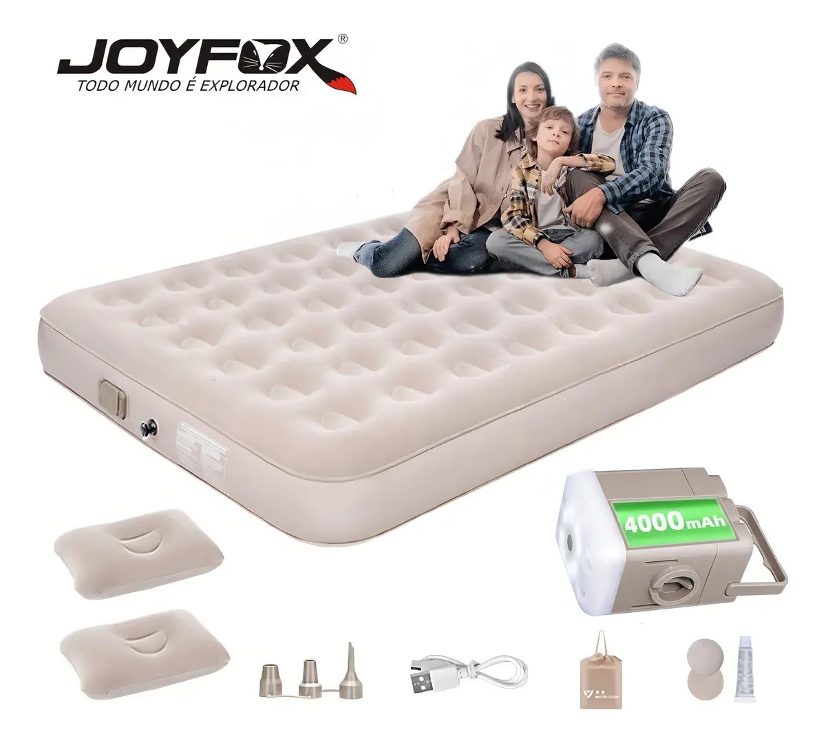 Colchão Inflável Queen Joyfox com Bomba Elétrica Recarregável p/ Camping e Casa