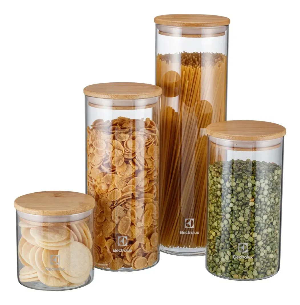 Electrolux Kit 4 Potes Herméticos De Vidro com Tampa Bambu, Porta Mantimentos, Porta Alimentos, Vedação Silicone