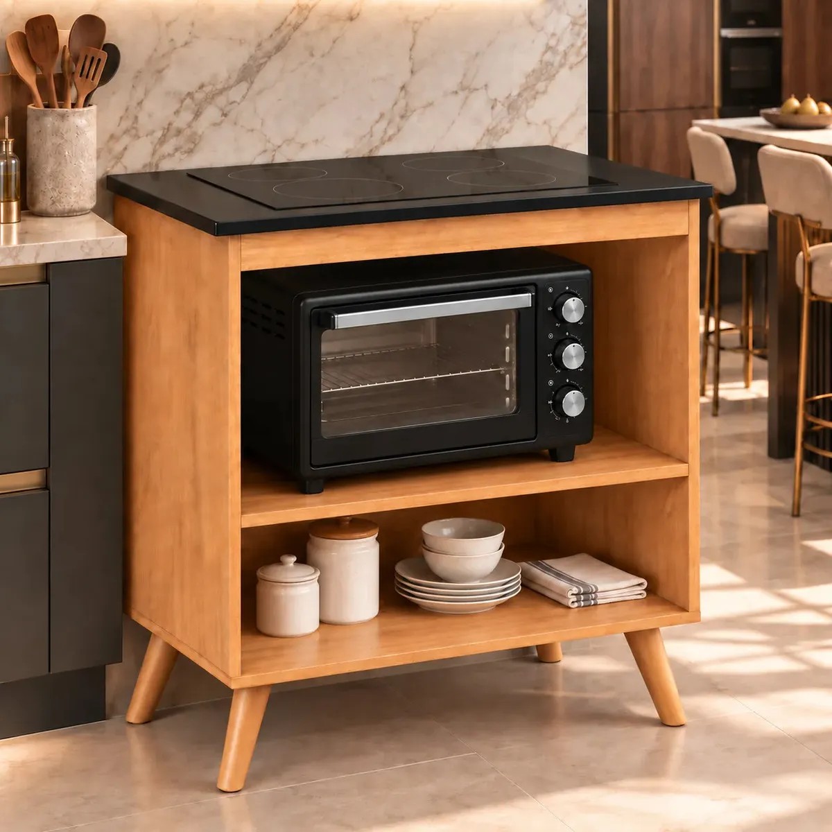 Balcão de Cozinha para Cooktop 4/5 Bocas Parma Nature com Tampo Recortado 53,5x38 cm 2 Nichos para Forno e Micro-ondas Prateleira Ajustável MDP 15mm 85,5x76,5x49 cm Pés Retrô Pintura UV Design Moderno