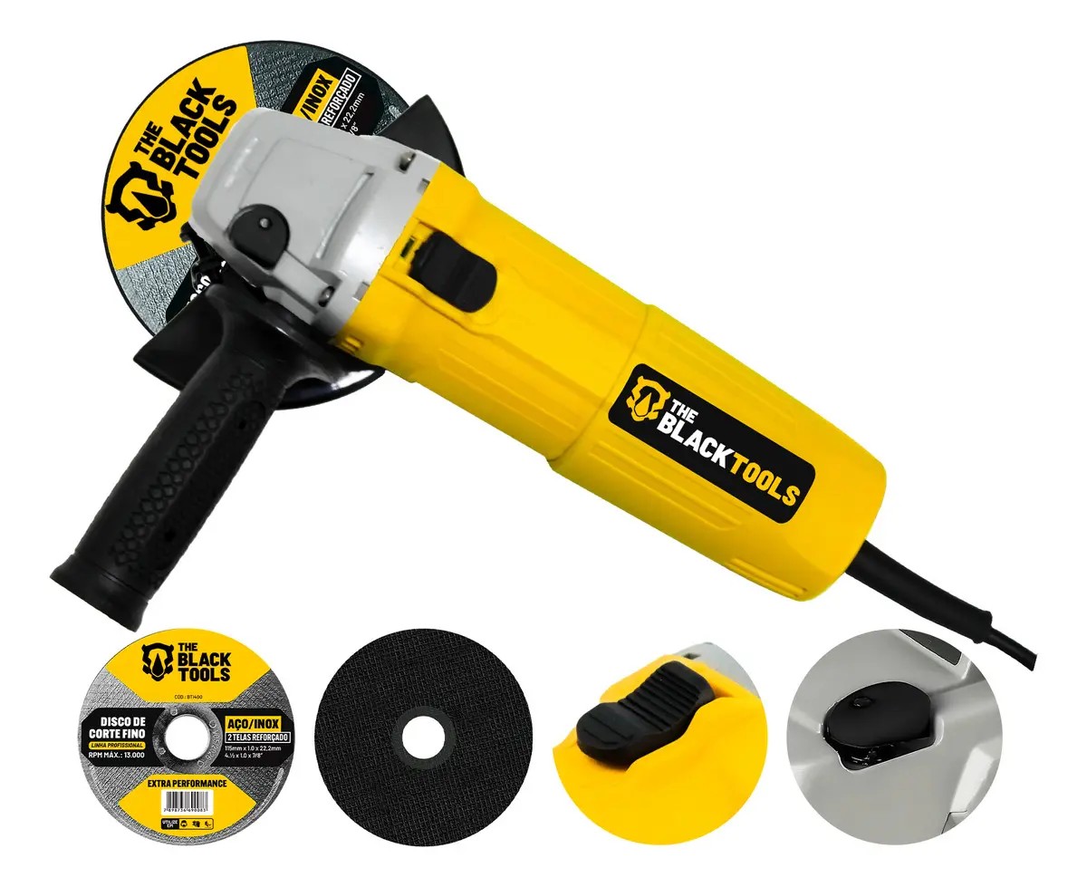 Esmerilhadeira Lixadeira Angular 4.1/2 11000rpm 780w The Black Tools Cor Amarelo Com 2 Discos De Corte