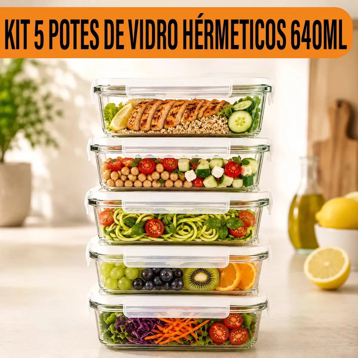 Yab - Kit 5 Potes De Vidro Marmita C/ Tampa Hermético 640ml Retangular 4 Travas Borossilicato Alimentos Micro-ondas Freezer Geladeira