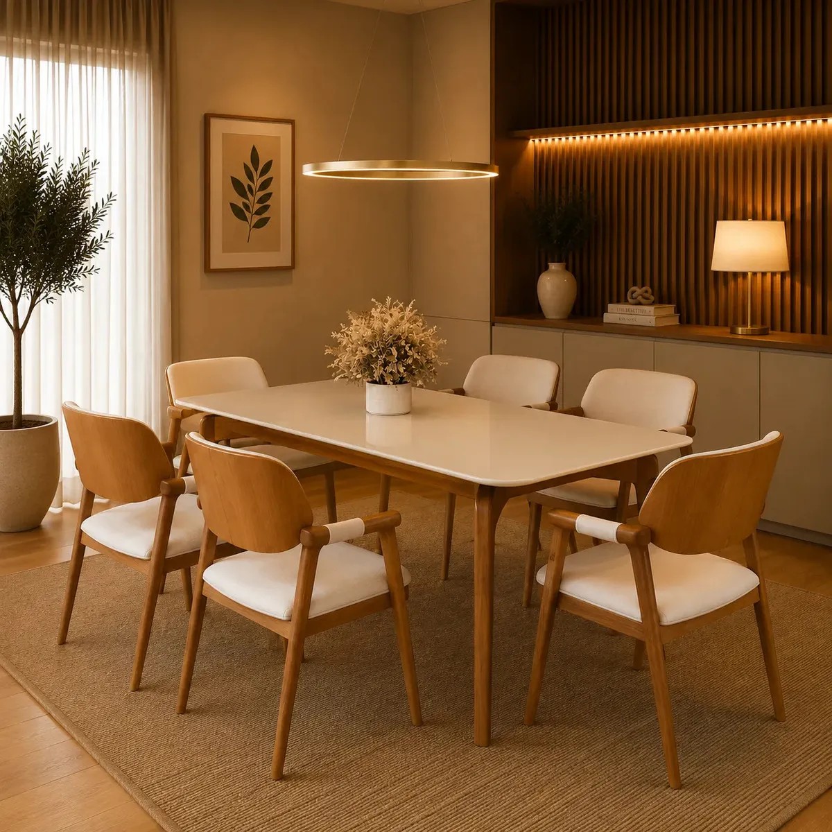 Mesa Jantar Para 6 Lugares Pés Madeira Maciça Luxo Off White Mel