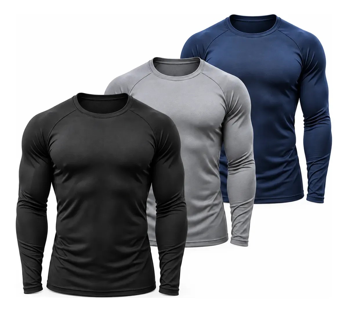 Kit 3 Camisas Proteção Uv Manga Longa Térmicas Segunda Pele Preto/ Azul-marinho/ Chumbo Gg (46-48)