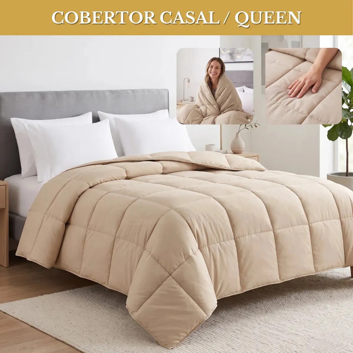 Edredom Queen Avulso 400 Fios Dupla Face Toque Suave Grosso Confortavel Elegante Premium Cor Caqui
