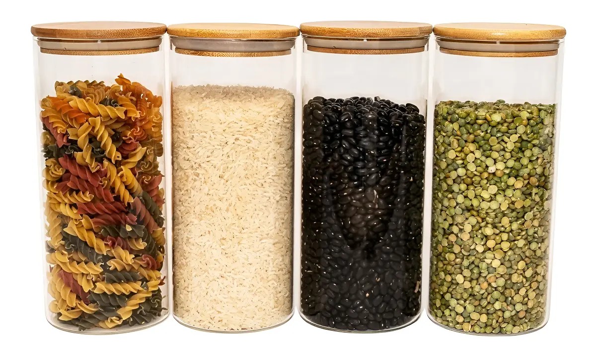 Kit 4 Potes De Mantimentos Com Tampa De Bambu - Oikos Cor Marrom-claro