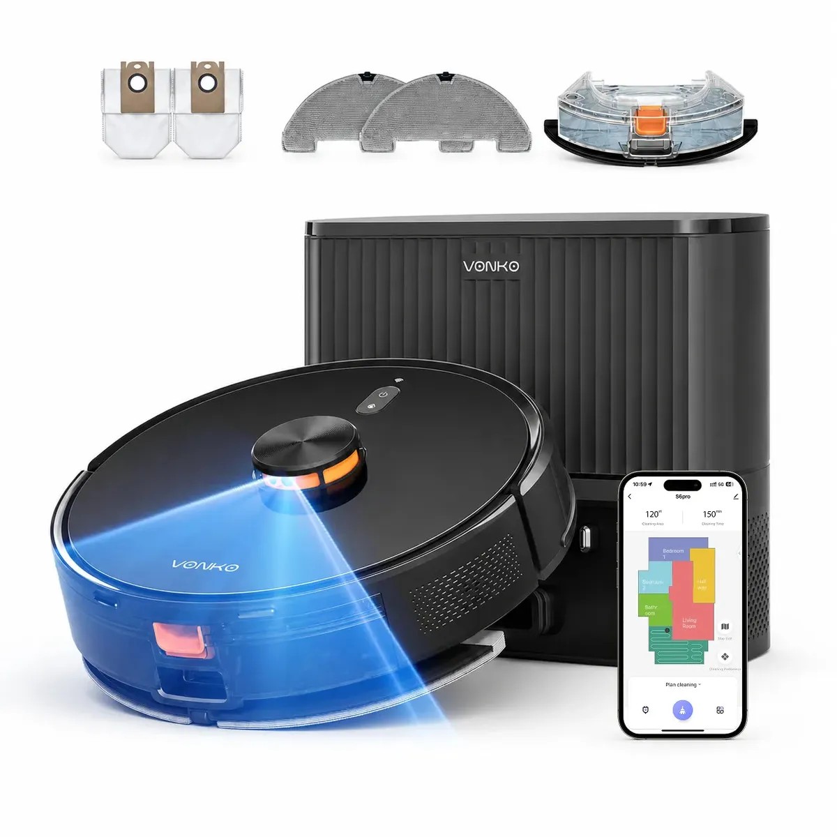 Robô Aspirador VONKO S6 Pro 8000Pa com LiDAR 2.0, Base Autoesvaziante 2.5L, Aspira e Passa Pano, App, Alexa, Google Assistant, até 180min,