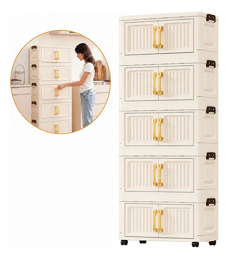Armário Dobrável 5 Andares C/ Rodas Portas Transp.creme