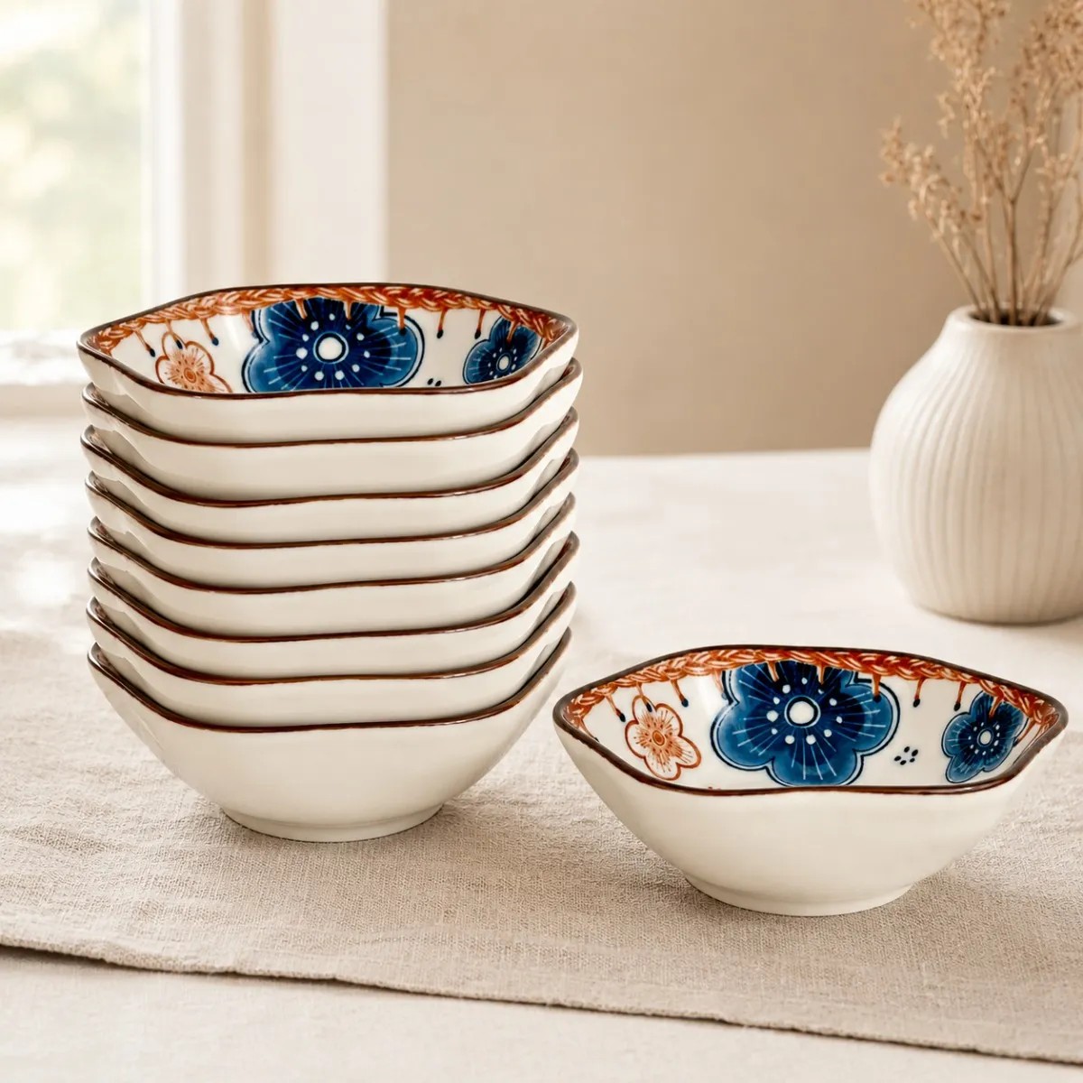 Kit 10 Bowls De Cerâmica Tigelas Shoyu Floral Petiscos Branco Azul E Terracota