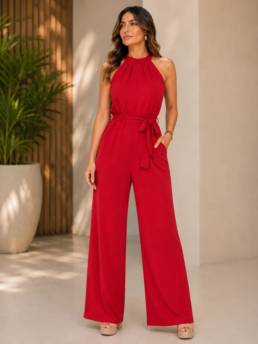Macacão Longo Sofisticado Básico C Bolso Ajustável Pantalona