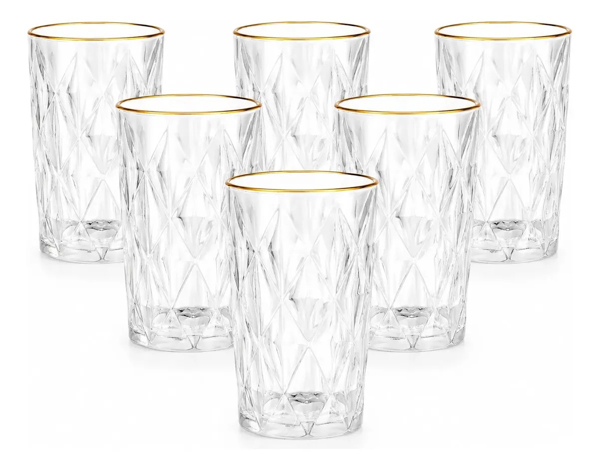 Jogo 6 Copos Clear Diamond 400ml Vidro Borda Dourada Luxo Transparente Borda Dourada