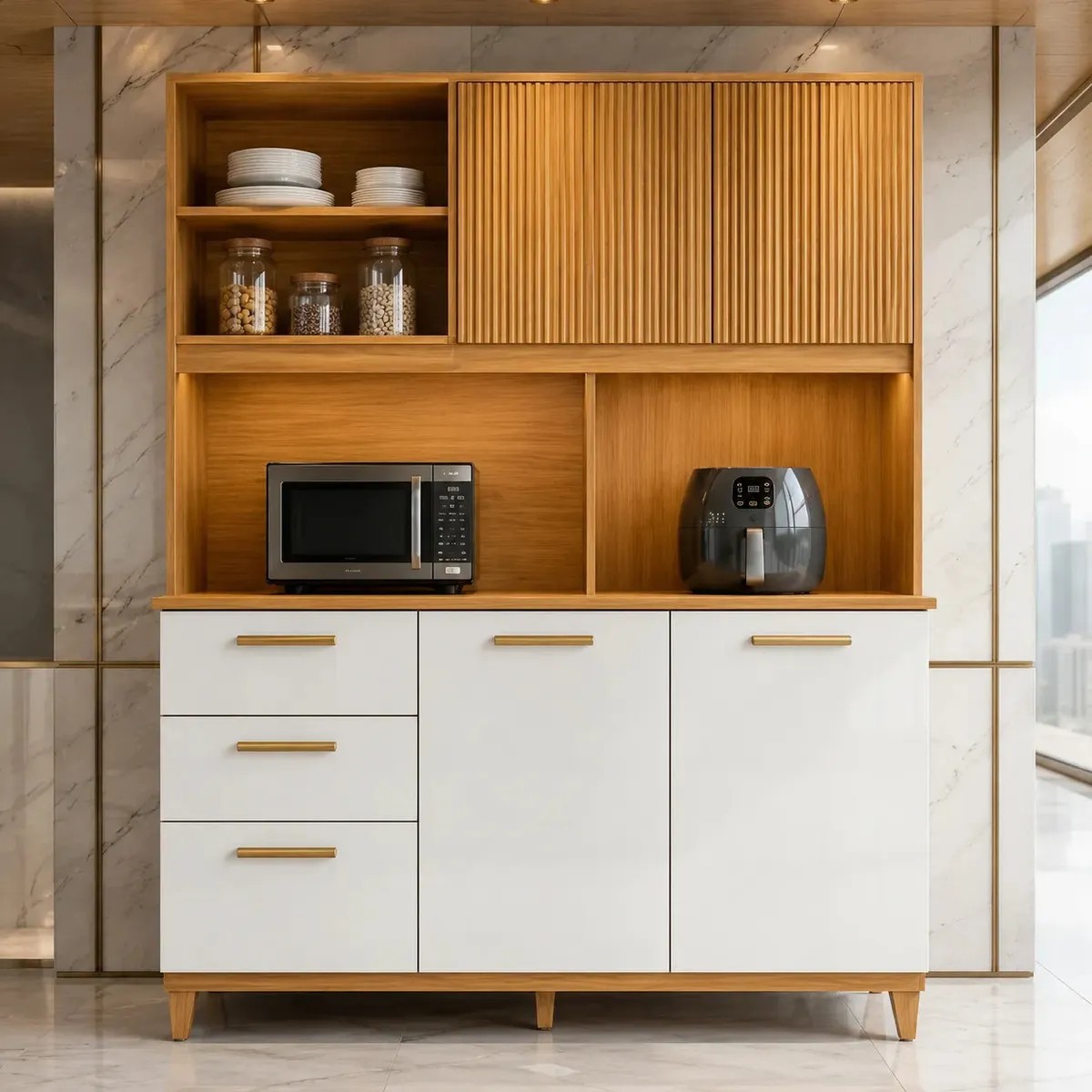 Armário de Cozinha Compacto Poliman Sicília Médio 5 Portas 2 Gavetas 4 Nichos 2 Prateleiras Kit Cozinha Organizador Freijó Off White Ripado MDP Corrediças Telescópicas Pés Reguláveis Pintura UV