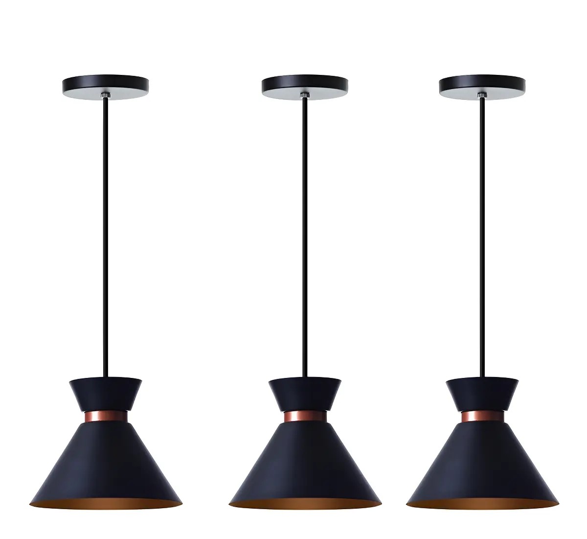 Kit 3 Pendentes Dubai 17cm Preto Com Cobre Alumínio E27 Bivolt