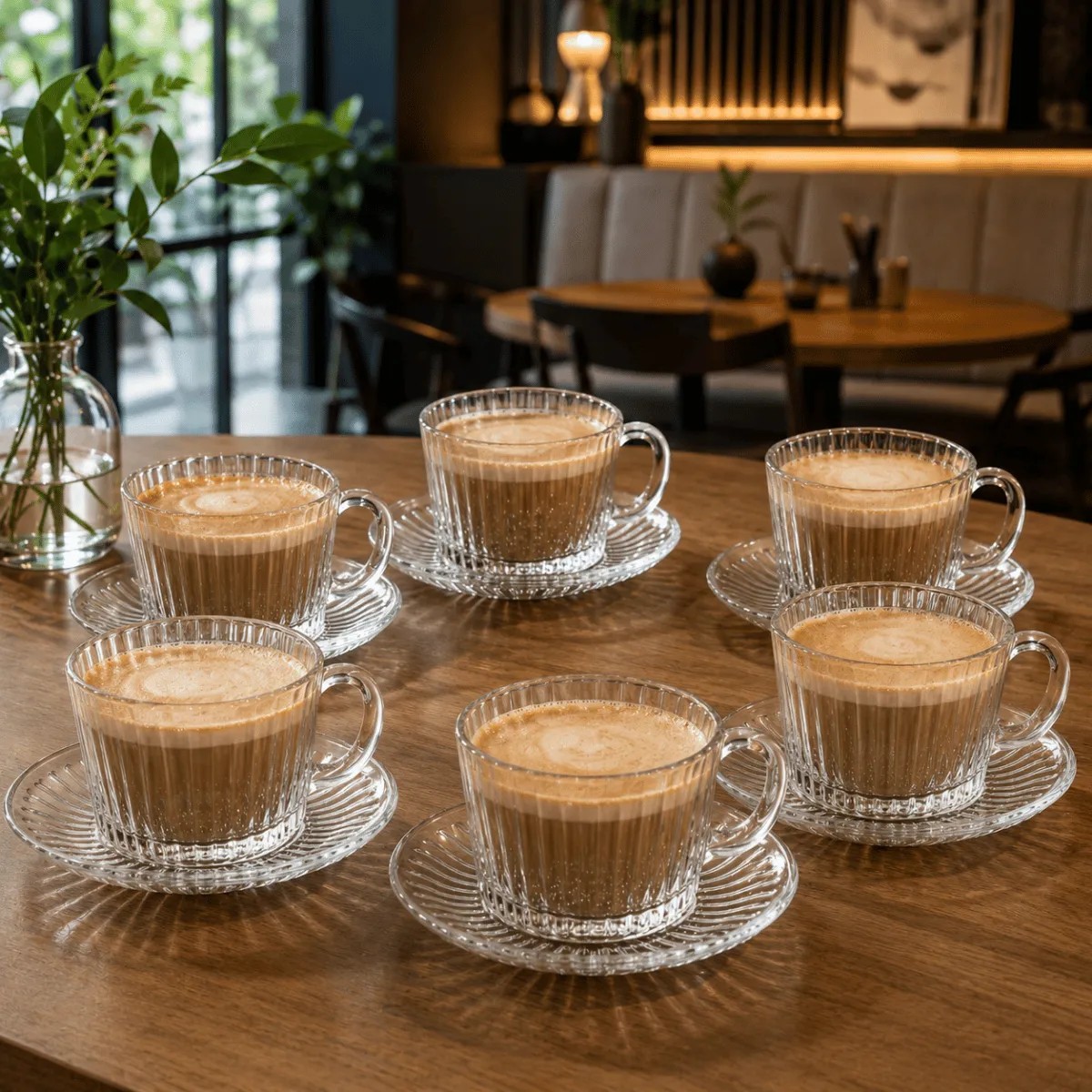 Jogo De Xícaras Com Pires 12 Peças 215ml Vidro Cafe Cha Roma Transparente Canelado