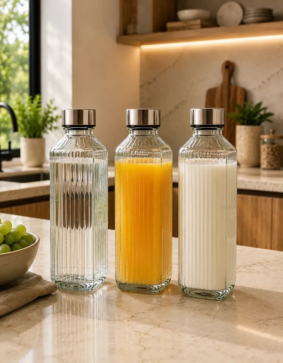 Kit 3 Garrafas Vidro 1l Canelado Tampa Inox Geladeira Água Transparente