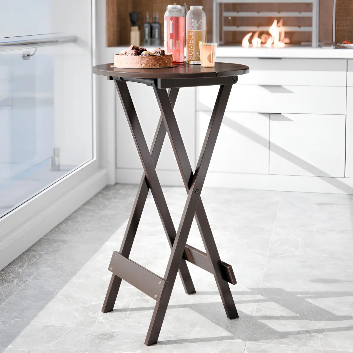 Mesa Bistrô Dobrável 55x99cm Madeira Maciça Tabaco - Mesa Alta Bar Gourmet para Cozinha, Varanda e Área de Lazer