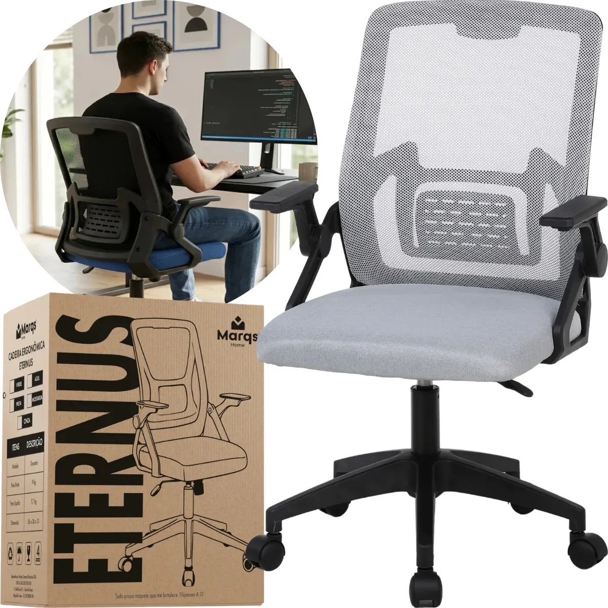 Cadeira De Escritorio Ergonomica Nr17 Ethernus Marqs Home Giratoria Resistente Reforçada 180kg Confortavel Reuniao Cinza