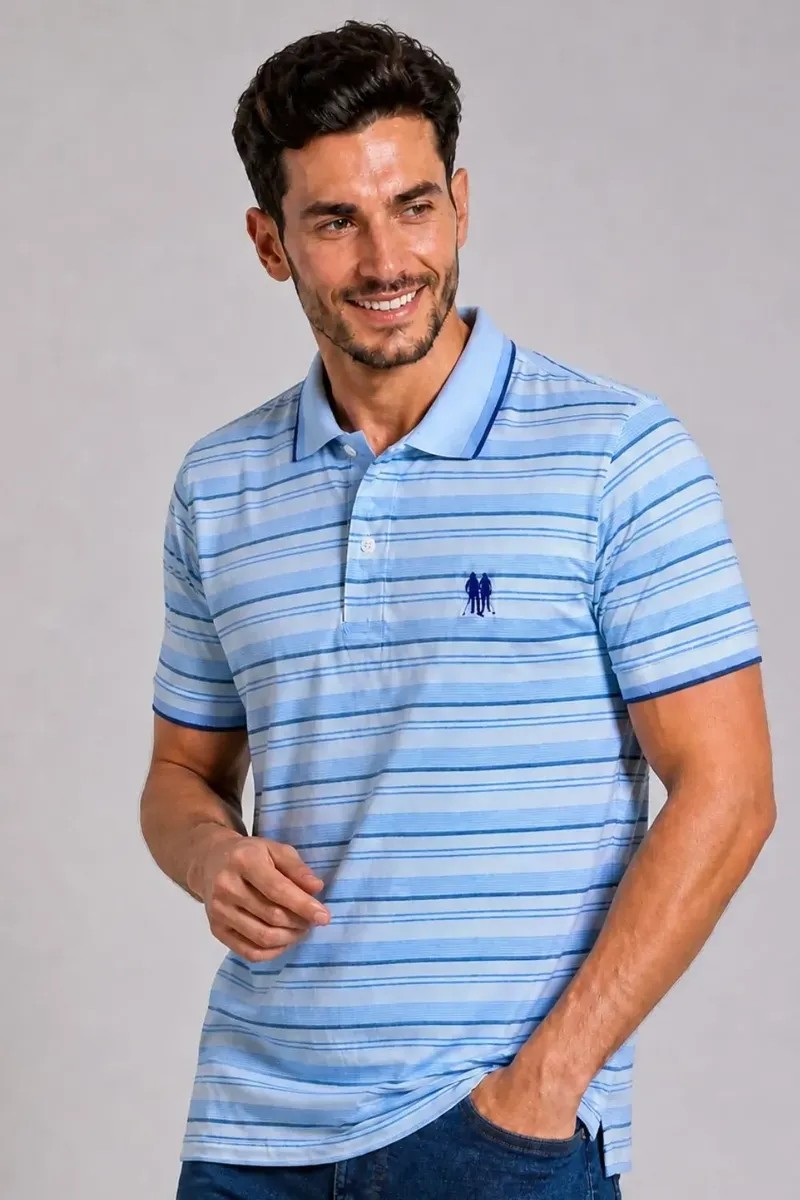 Camisa Polo Masculina Polo Wear Piquet Listrada Azul-claro G
