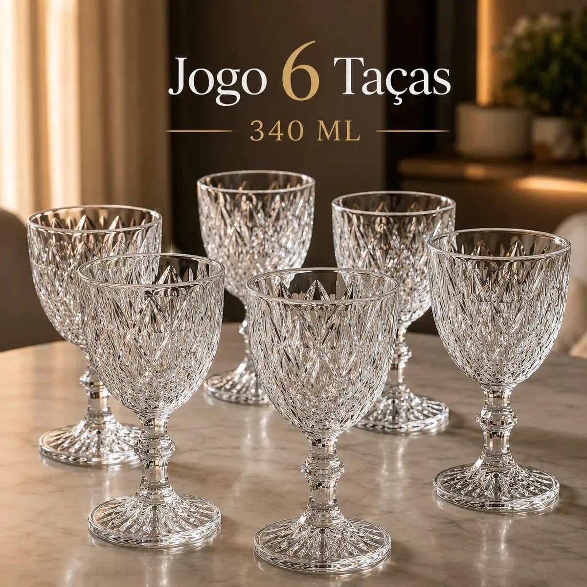 Jogo 6 Taças De Vidro Diamond Cristal 340 ML Luxo Elegante Agua Suco Vinho Champanhe Restaurante Bar Adega