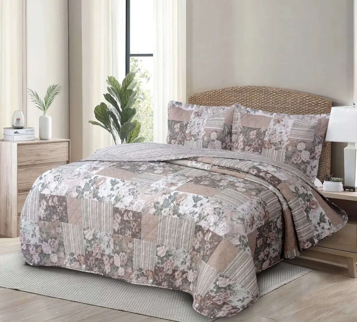 Kit Cobre Leito Queen 3 Peças Estampado Colcha Dupla Face