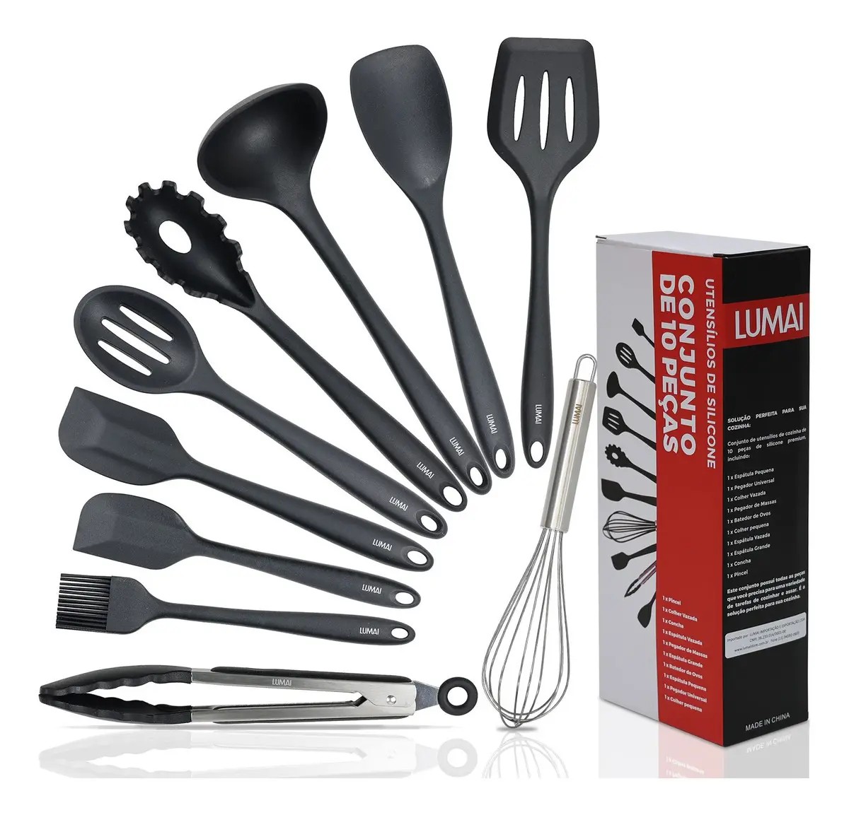 Lumai Kit de Utensilios de Cozinha de Silicone Maciço Miami Premium - Conjunto com 10 Peças Livre de BPA - Jogo com Espatulas Pegador Conchas Colheres Batedor de Ovos - Tamanho Grande e Pegada Firme