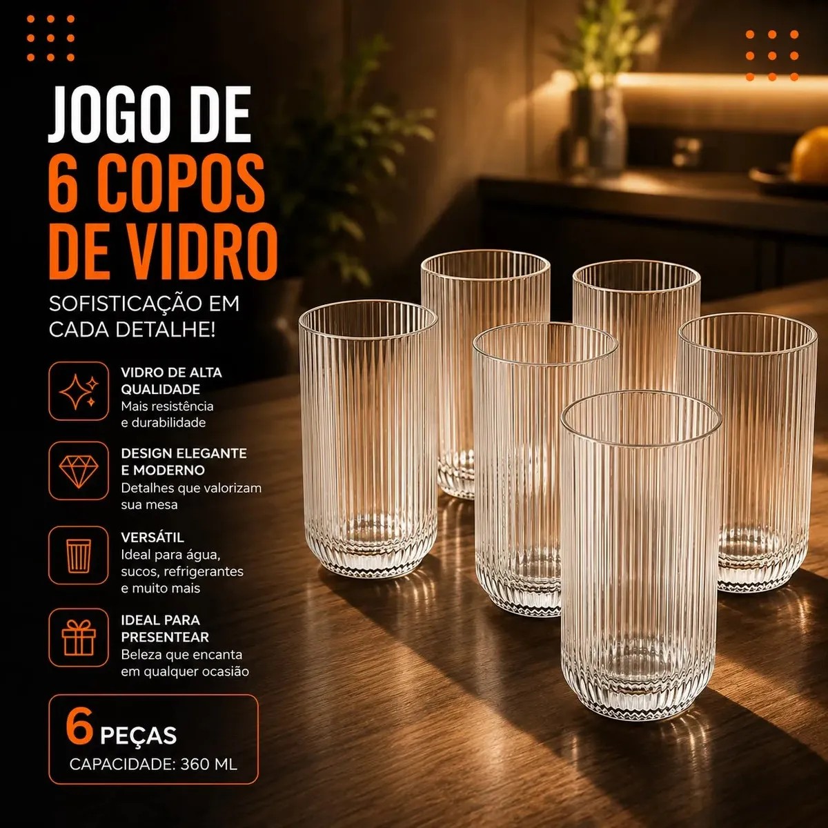 Jogo 6 Copos Vidro Canelado 423ml Moderno Elegante Premium Vinho Água Suco Drinks Gin Whisky Jogo Copos Taça Copo Conjunto Design Luxo Texturizado Cozinha Restaurante Decoração Hold On