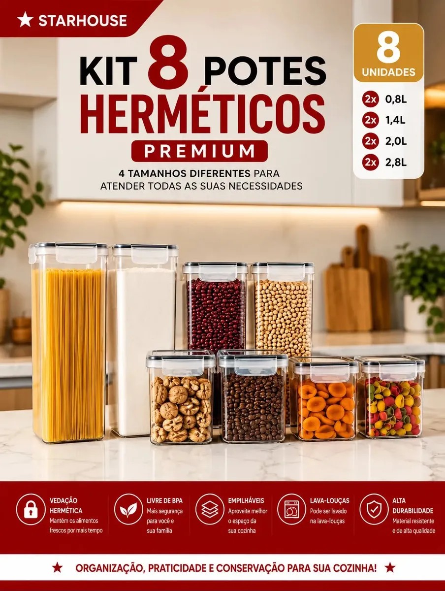 Kit 8 Potes Hermético Starhouse Mantimentos Quadrado Cozinha Super Vedação Lavável Livre De Bpa Transparente