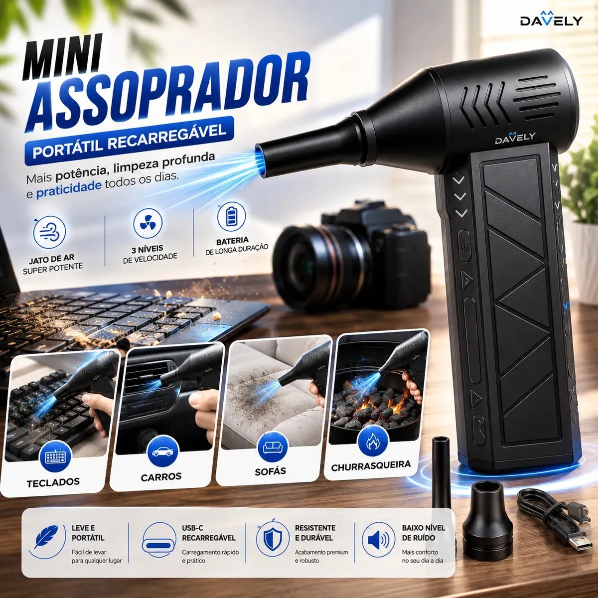 Mini Ventilador Soprador Ar Turbo 130000rpm Assoprador Sem Fio Recarregável USB-C 3 Níveis Jato Forte Portátil Multiuso Limpeza Teclado Carro Acende Churrasqueira Davely