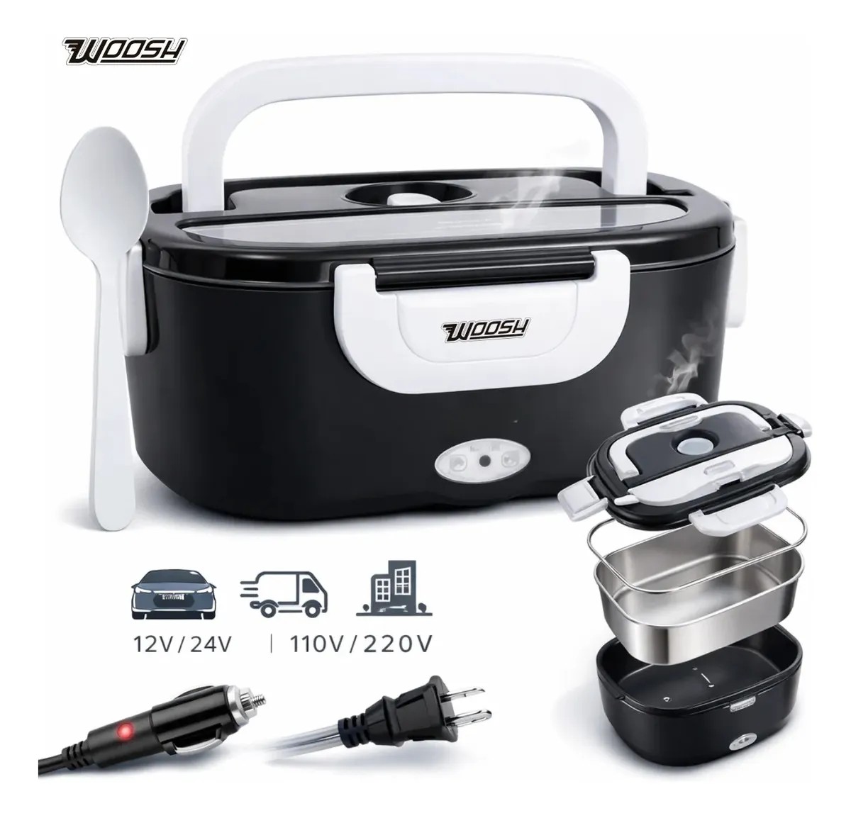 Marmita Elétrica Preta Bivolt Portátil Doméstica 110/220v Veicular 12/24v Lancheira 1.5l Com Divisórias Esquenta Rápido Refeições Práticas Trabalho Casa Carro Caminhão Viagem Faculdade Woosh