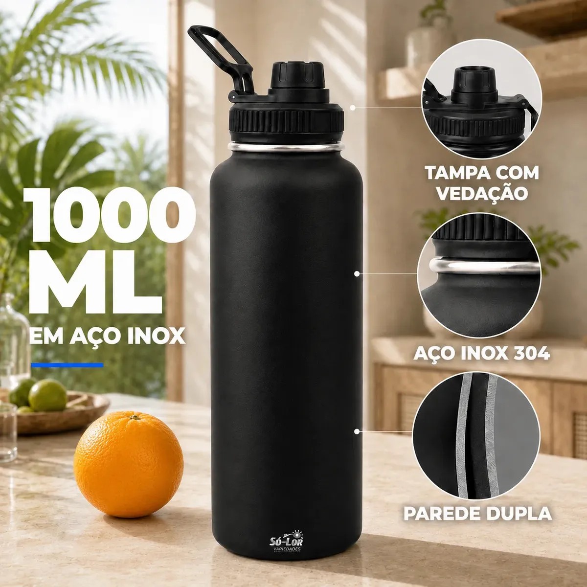 Garrafa Térmica 1000ml Aço Inox 304 Squeeze Isolada Vácuo com Alça e Bico para Água Gelada Esporte Academia Sólar Preto