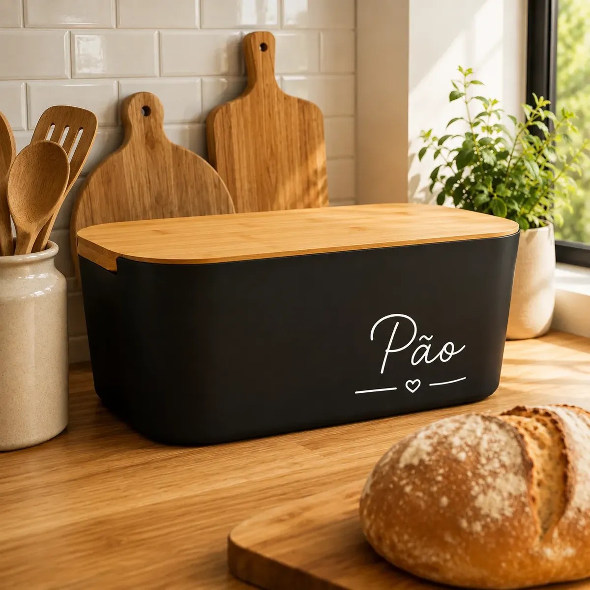 Porta Pães Com Tampa Organizador De Cozinha Bambu Fechado Preto