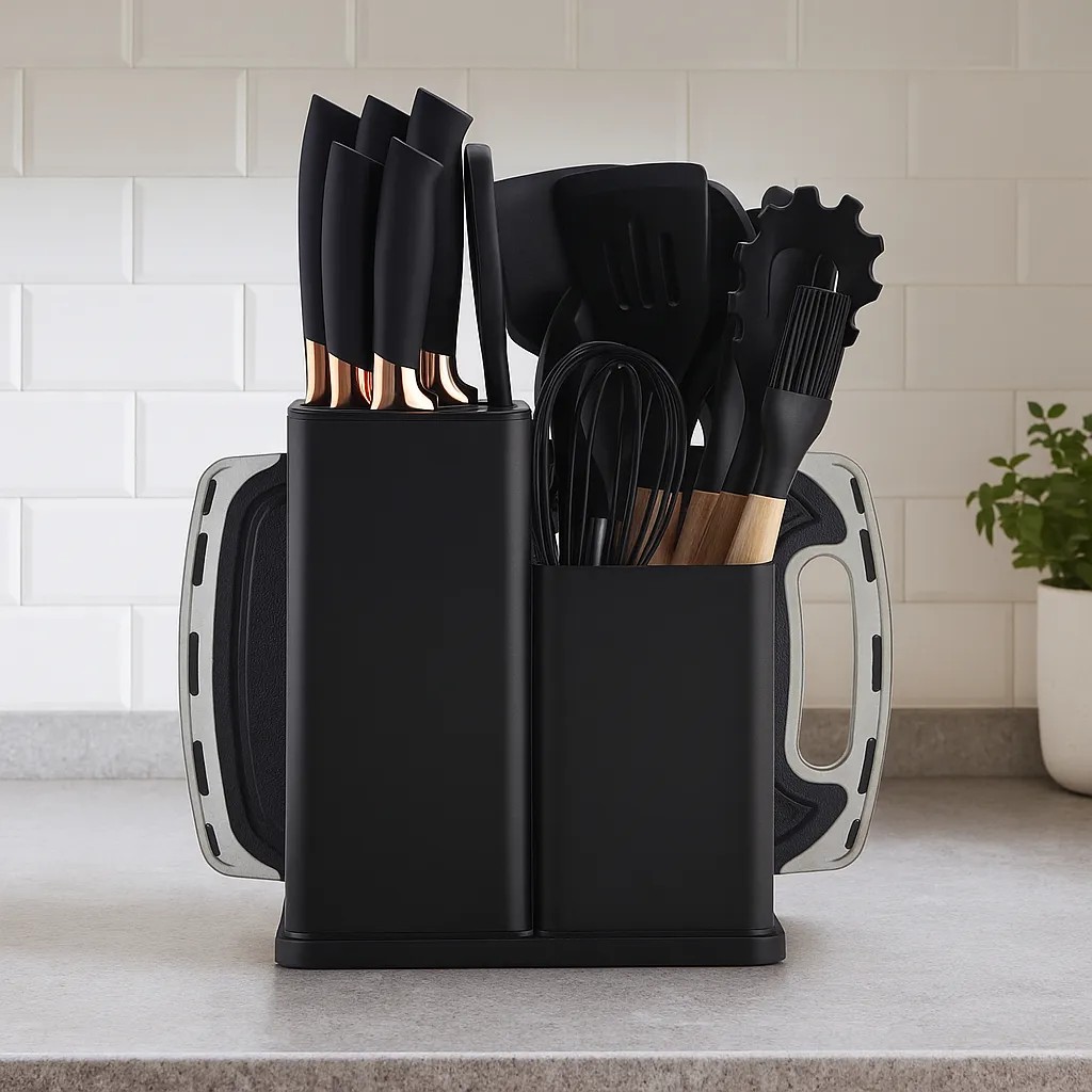 Kit Utensílios De Cozinha Em Silicone Com Cabo De Madeira Kit19 Preto