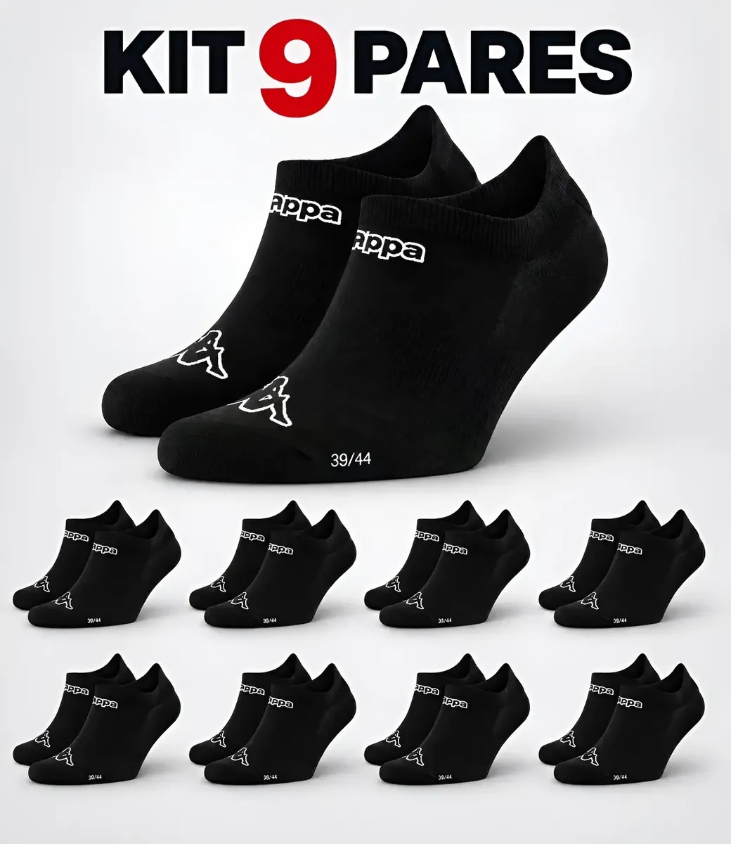 Kit 9 Pares Meias Kappa Sapatilha Soquete Invisível Original Preto 38-43