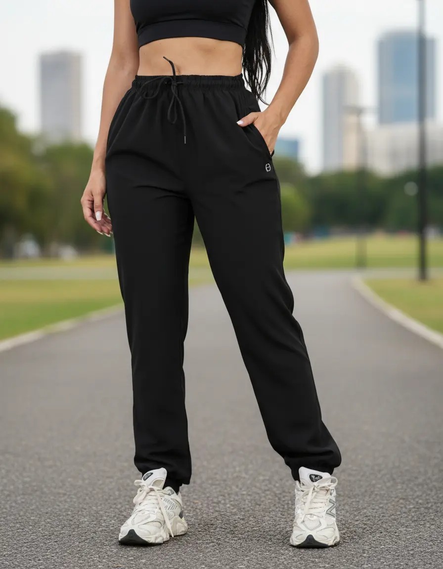 Calça Feminina Jogger Em Tactel Com Elastano Bolsos E Cordão Preto Liso Gg