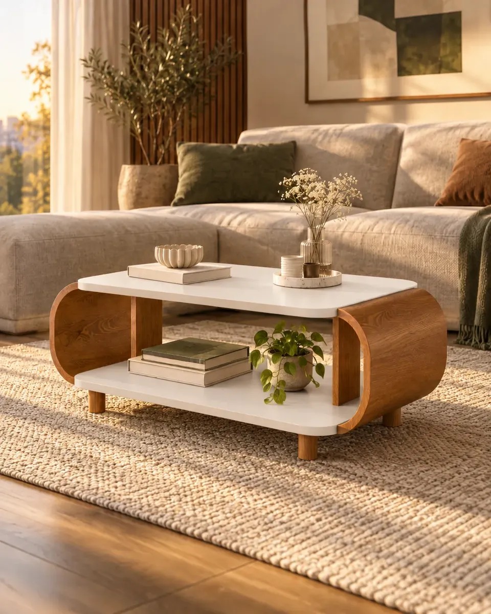 Mesa De Centro Moderna 2 Prateleiras Sala Decoração Elegante Off White/naturalle