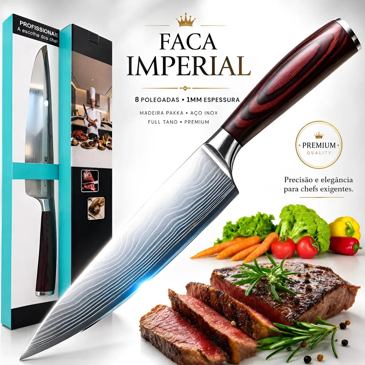 Faca Chef Profissional 8 Pol Aço Inox Corte Preciso Ultra Afiado Cabo Madeira Pakka Antiderrapante Profissional Premium Ideal Para Carnes Legumes Peixes Frutas Cozinha Gourmet Churrasco Picanha