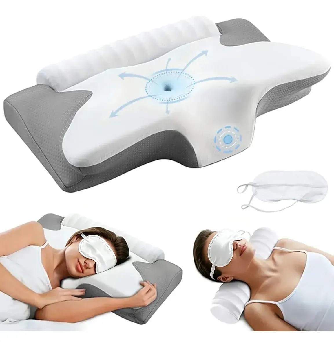 Pluma Negra Travesseiro Cervical Ortopédico Borboleta 2 em 1, Espuma Viscoelástica de Memória, Ergonômico com Rolo de Pescoço, Suporte Cervical para Dormir de Lado e de Costas, Apoio Coluna,664313cm