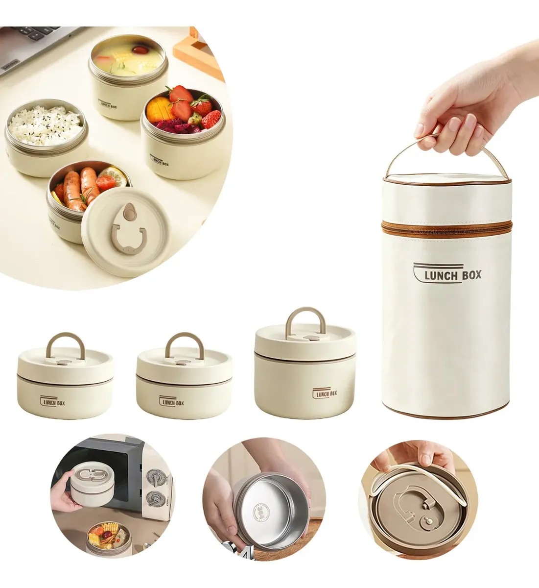 Kit 3 Marmitas Inox Herméticas Térmicas 2x440ml+600ml Bolsa Bege