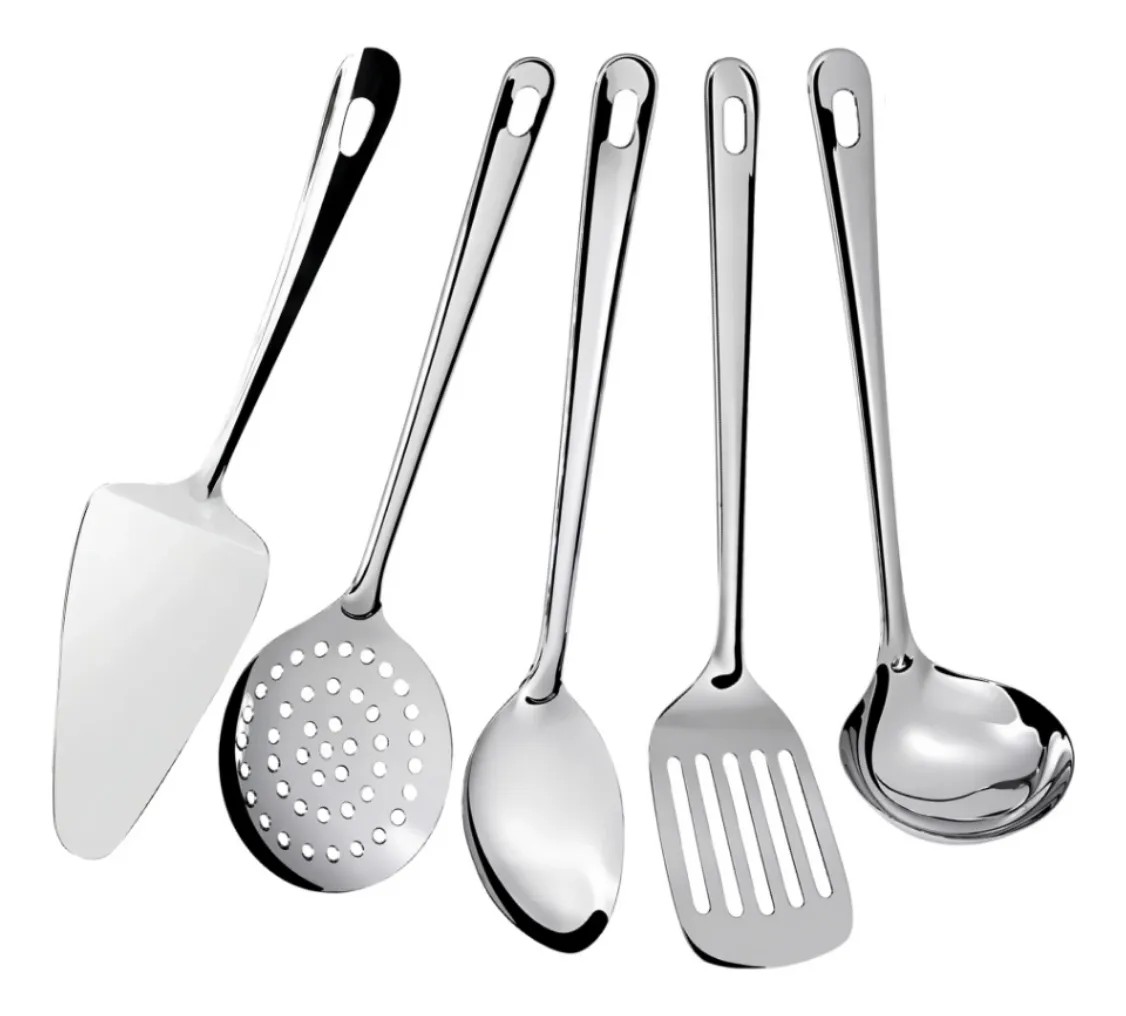Kit 5 Utensílios Cozinha Inox Escumadeira Concha Espátula Inox