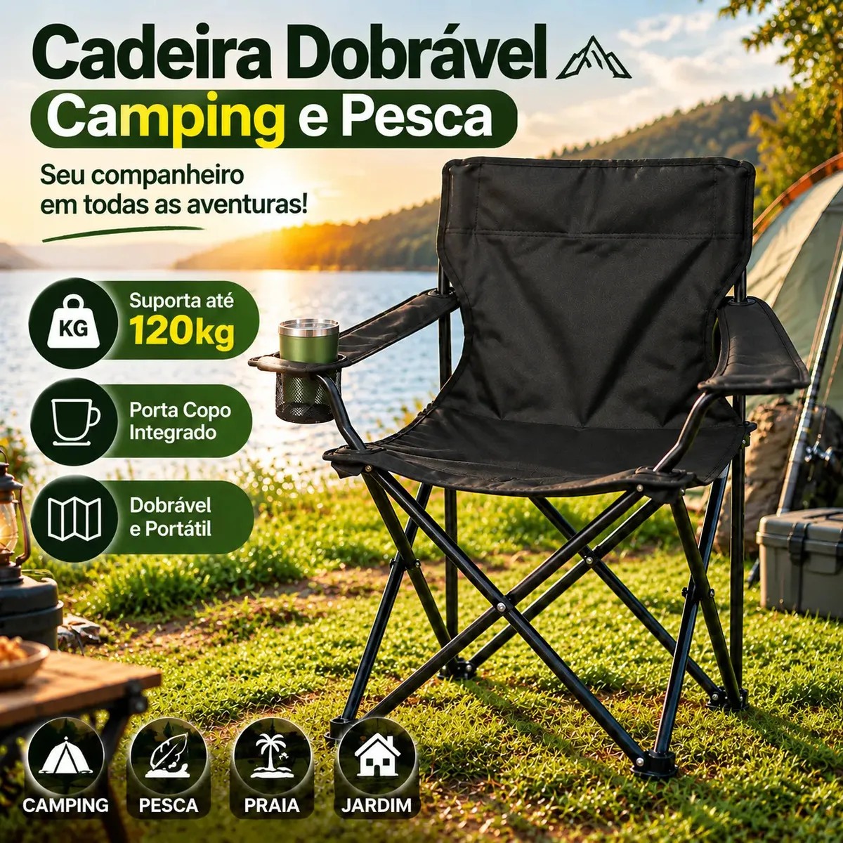 Cadeira Dobrável Camping Pesca com Porta Copo Bolsa Portátil Resistente até 120kg para Praia Jardim e Lazer