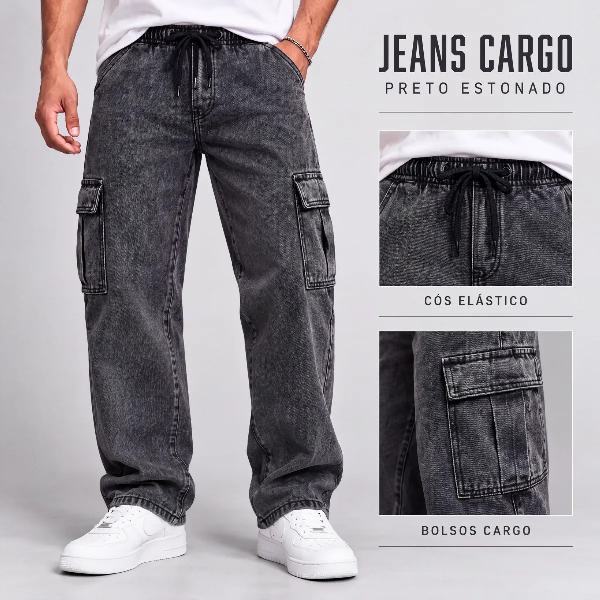 Calça Cargo Masculina Jeans Cós De Elástico Streetwear Larga