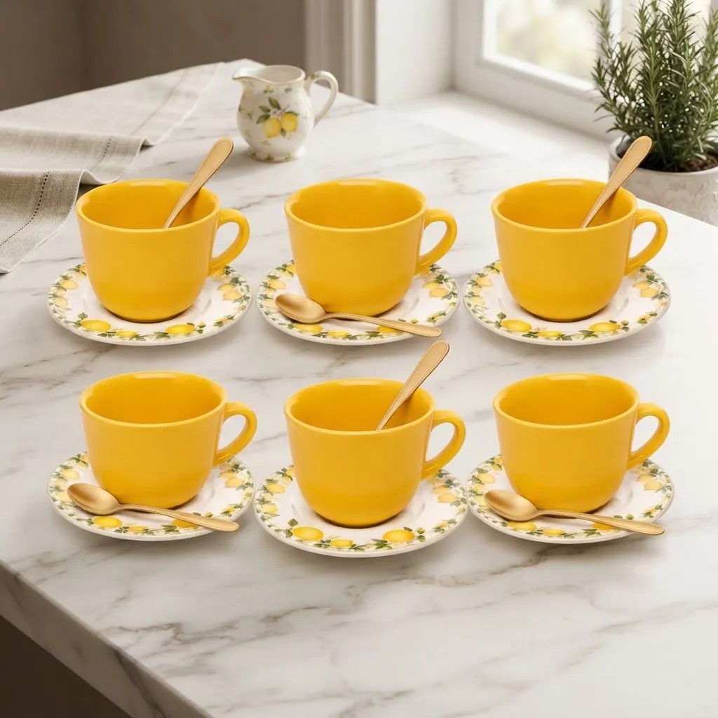 Jogo Lyor Limão Siciliano 12 A 30 Pçs Pratos Xicara Cerâmica 12 Pçs - 6 Xicaras 260ml E 6 Pires Grátis 6 Colheres Sobremesa Gold Chá/café Limão Siciliano