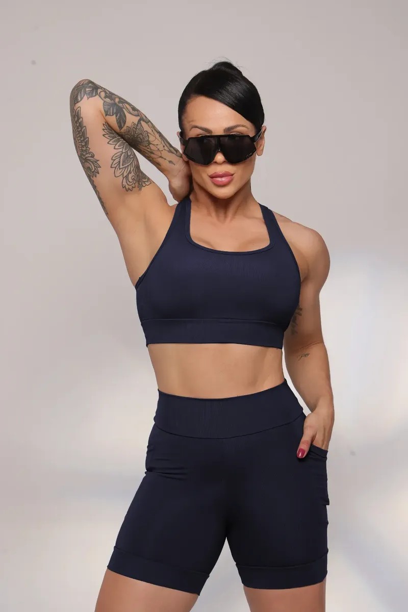Conjunto Fitness Top Shorts Meia Coxa Alta Compressão