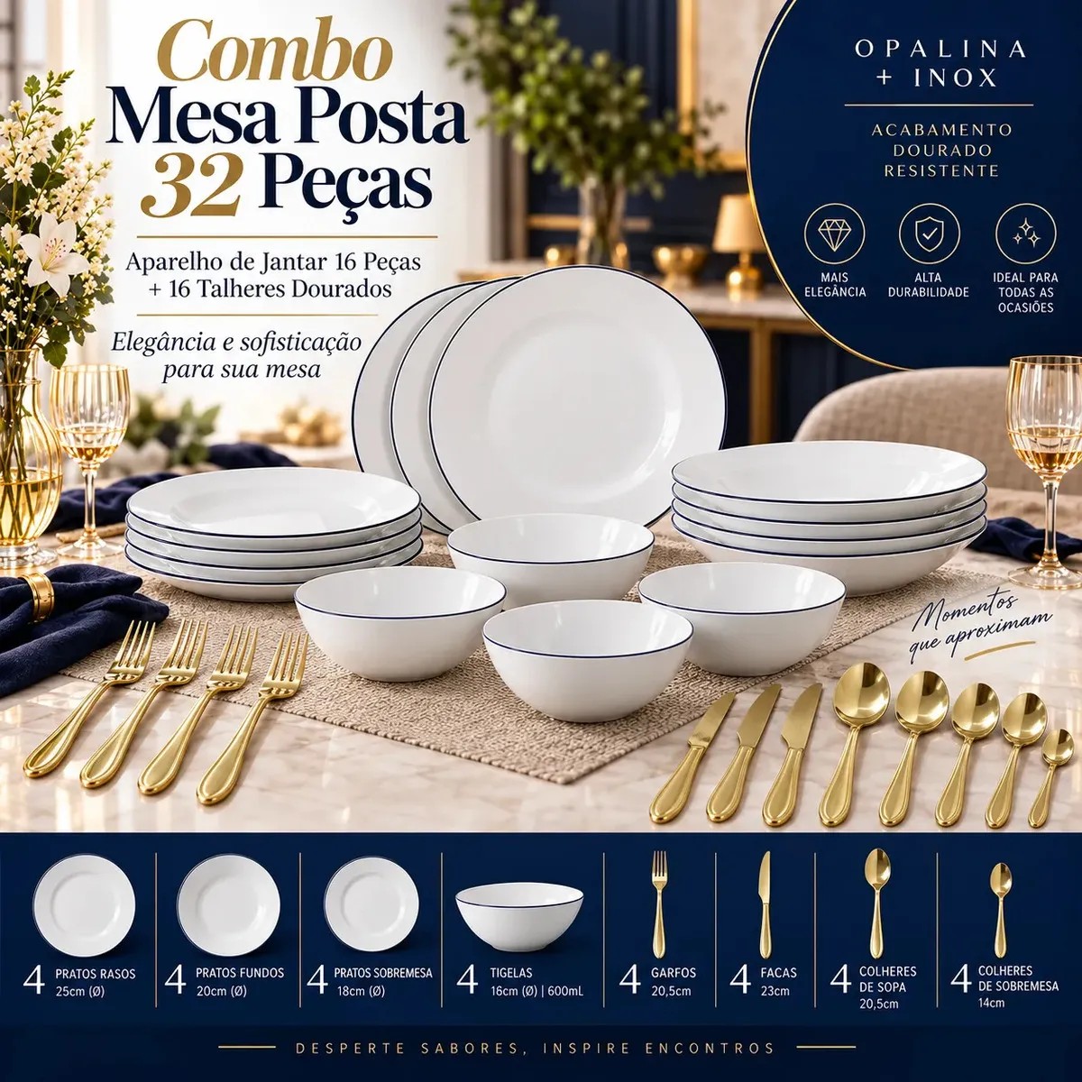 Aparelho De Jantar Nhame 32 Peças Para 4 Pessoas Com Pratos E Tigelas Em Opalina Branca Com Filete Azul E Talheres Em Aço Inox Com Acabamento Dourado