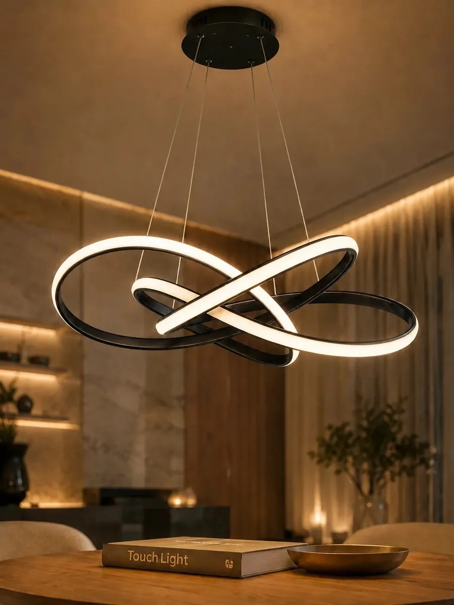 Lustre Pendente LED Curvas Infinito TouchLight 80W Preto Black 60cm Design Moderno Luz Quente 3200K Altura Regulável Bivolt Sala de Jantar Estar Ambientes Sofisticados Luxo